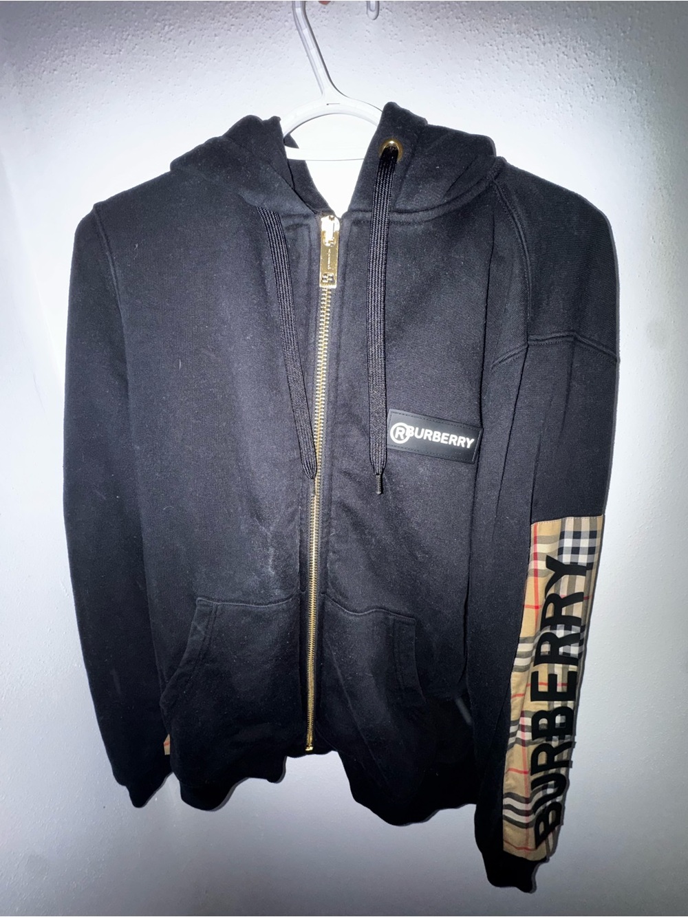 Burberry Black Zip Hoodie with Signature Check Sleeve Panel